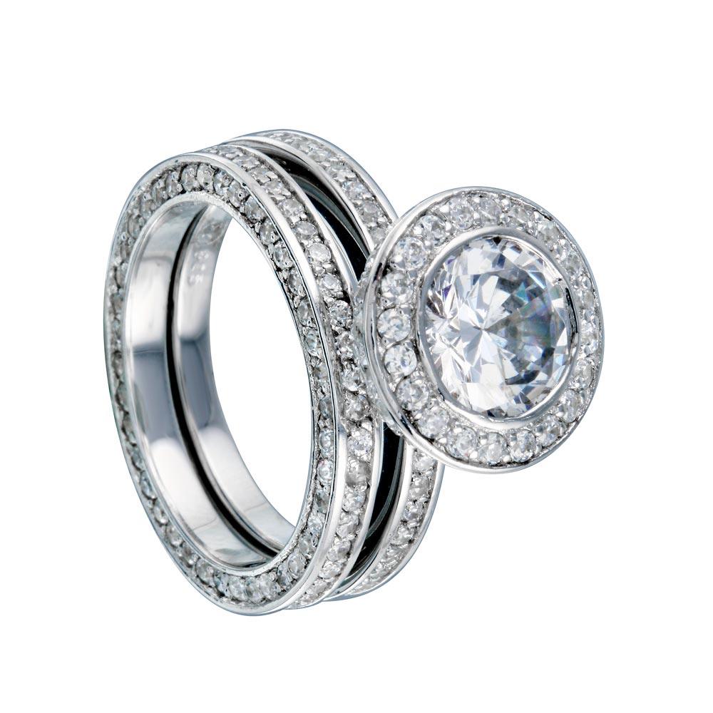 Rhodium Plated 925 Sterling Silver Clear CZ Round Bridal Ring Set - BGR00199
