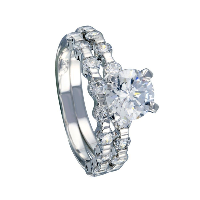 Rhodium Plated 925 Sterling Silver Clear Round Center CZ Bridal Ring Set - BGR00233