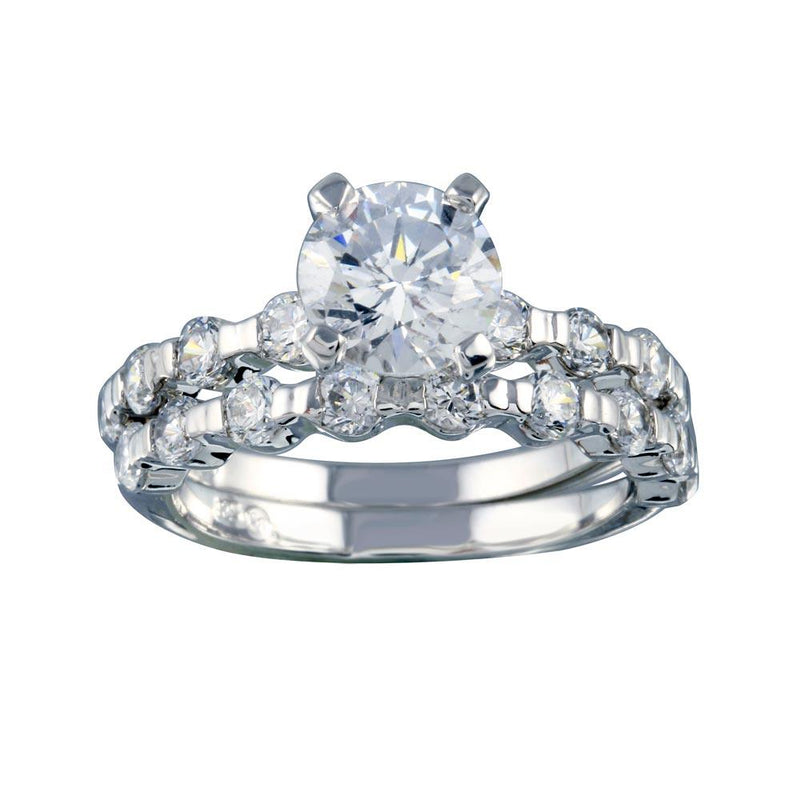 Rhodium Plated 925 Sterling Silver Clear Round Center CZ Bridal Ring Set - BGR00233 | Silver Palace Inc.