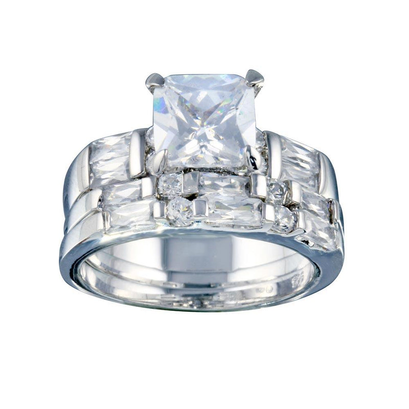 Rhodium Plated 925 Sterling Silver Clear Baguette Round Square Center CZ Bridal Ring Set - BGR00248 | Silver Palace Inc.