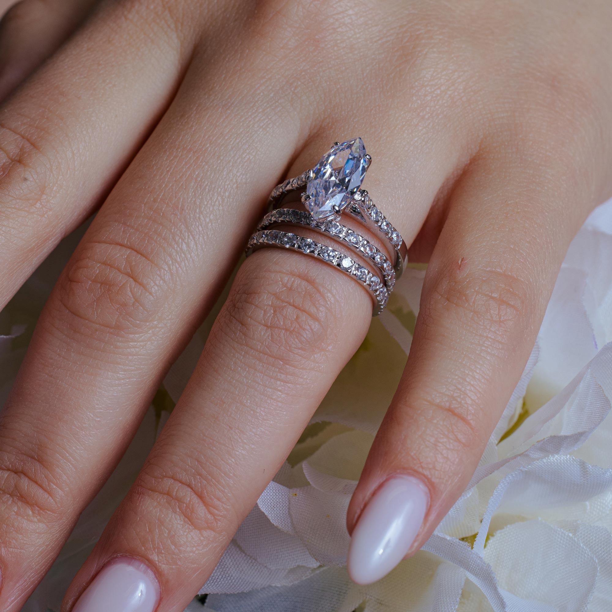 Silver 925 Rhodium Plated Clear Marquise Center Round CZ Bridal Ring Set - BGR00249