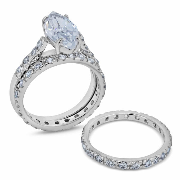 Silver 925 Rhodium Plated Clear Marquise Center Round CZ Bridal Ring Set - BGR00249 | Silver Palace Inc.