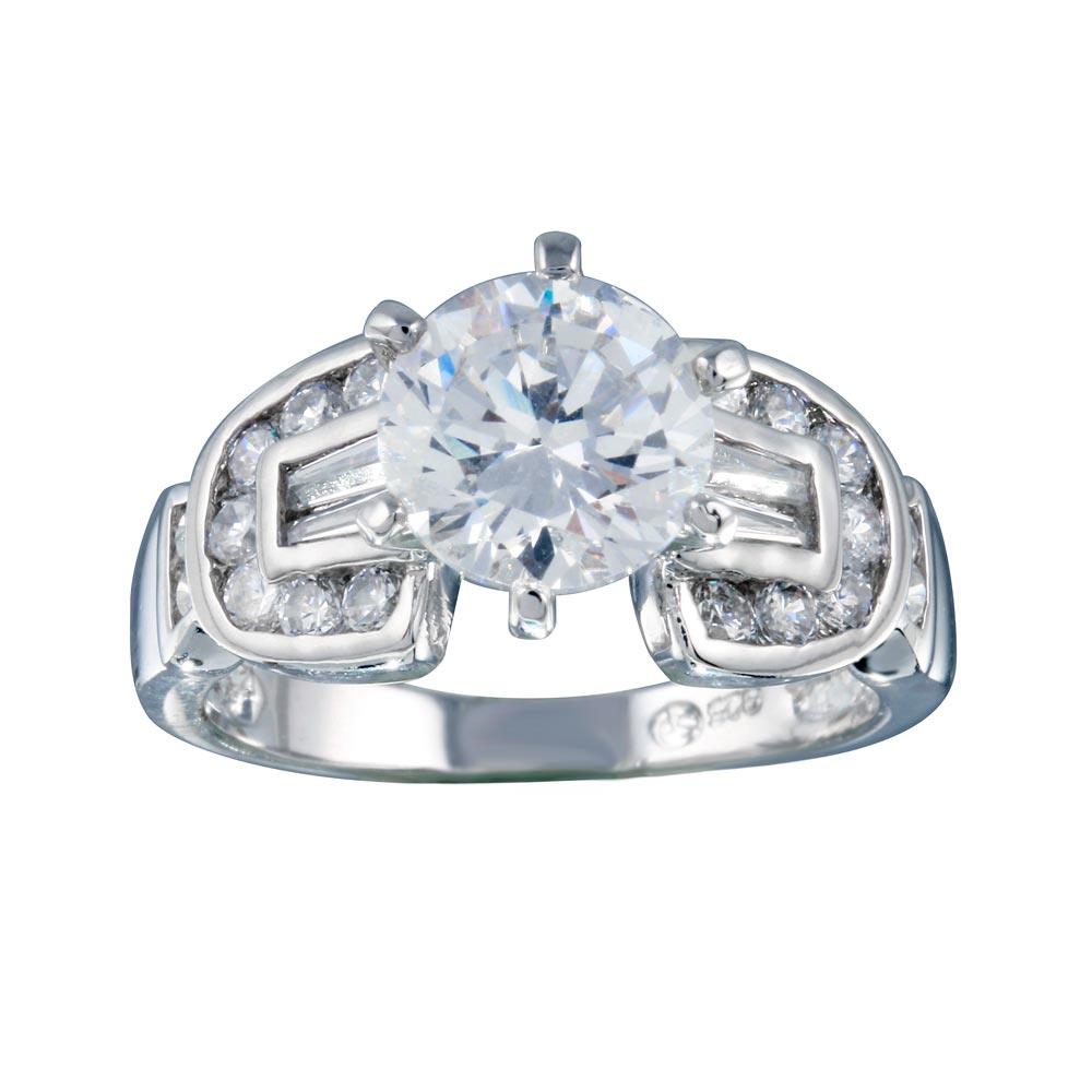 Rhodium Plated 925 Sterling Silver Clear Round Center CZ Bridal Ring - BGR00280 | Silver Palace Inc.