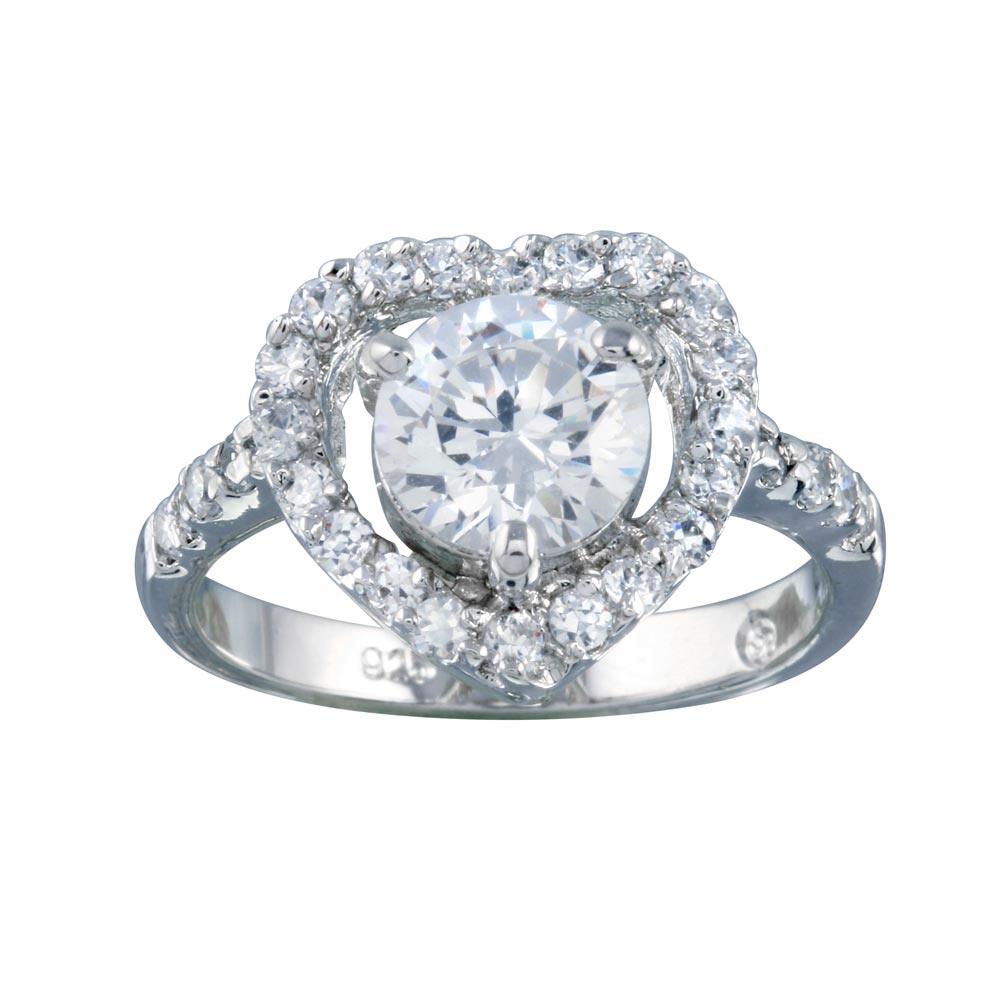 Rhodium Plated 925 Sterling Silver Clear Center CZ Heart Bridal Ring - BGR00390