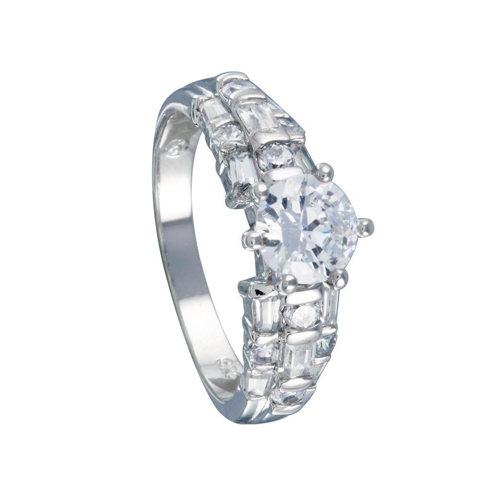 Anillo de novia de plata de ley 925 rodiada con circonitas redondas baguette transparentes - BGR00393