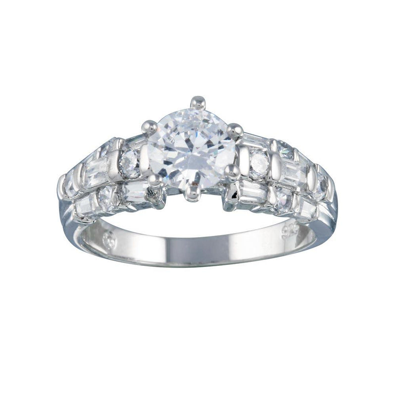 Silver 925 Rhodium Plated Clear Baguette Round CZ Bridal Ring - BGR00393
