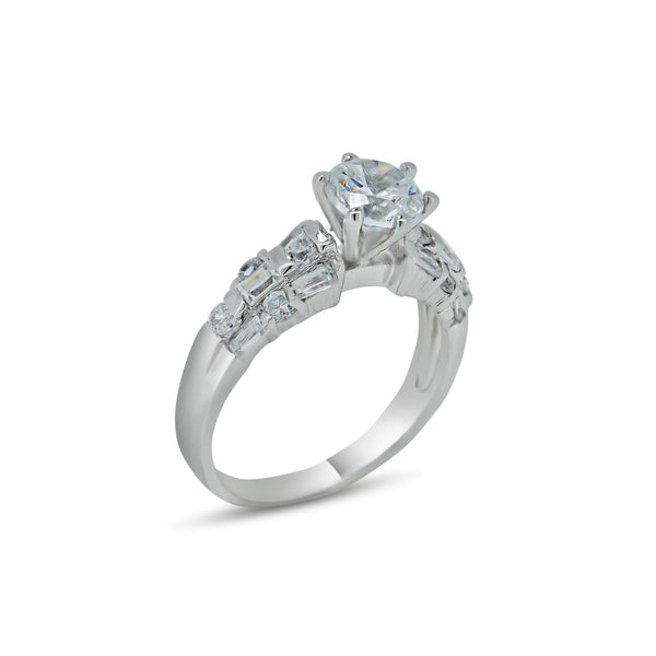 Rhodium Plated 925 Sterling Silver Clear Baguette Round CZ Bridal Ring - BGR00393 | Silver Palace Inc.
