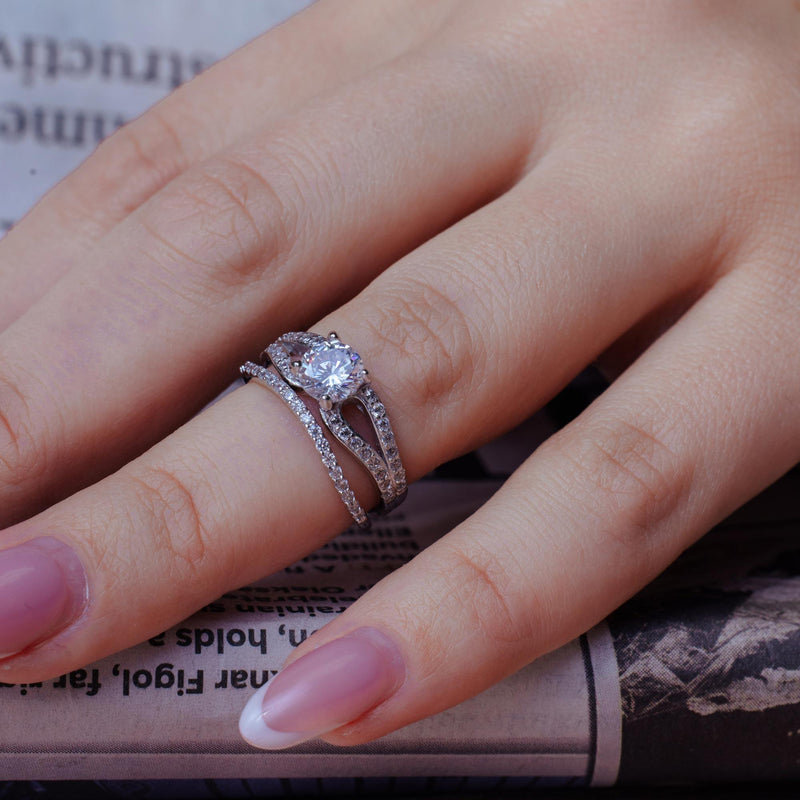 Silver 925 Rhodium Plated Clear CZ Bridal Engagement Ring Set - BGR00396