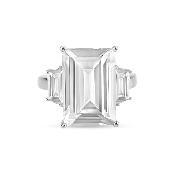 Rhodium Plated 925 Sterling Silver Clear Baguette and Rectangular Center CZ Bridal Ring - BGR00427 | Silver Palace Inc.