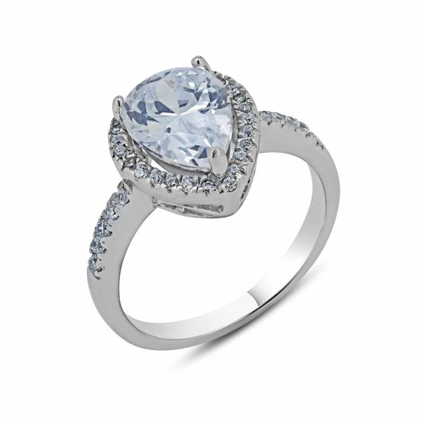 Silver 925 Rhodium Plated Clear Teardrop CZ Engagement Bridal Ring - BGR00445 | Silver Palace Inc.