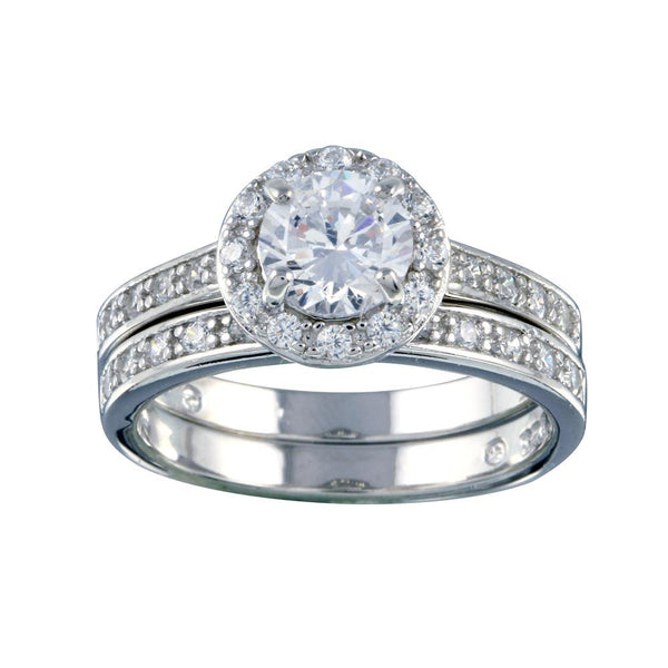 Rhodium Plated 925 Sterling Silver Clear CZ Round Bridal Ring Set - BGR00459 | Silver Palace Inc.