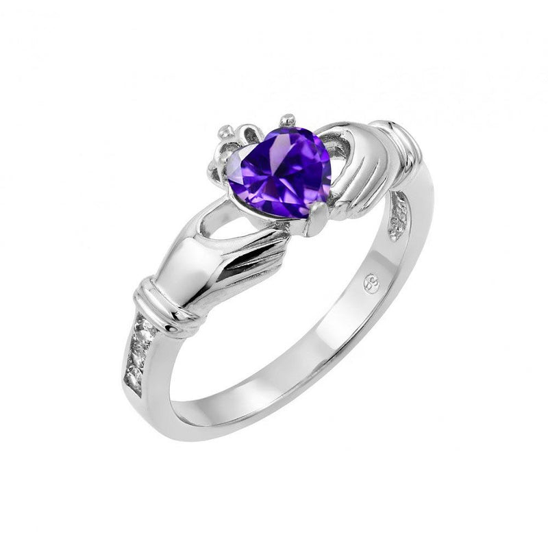 Silver 925 Rhodium Plated Purple Heart CZ Claddagh Ring - BGR00491PUR | Silver Palace Inc.