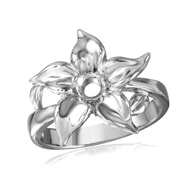 Silver 925 Rhodium Plated Flower Single Stone Mounting Ring - BGR00500 | Silver Palace Inc.