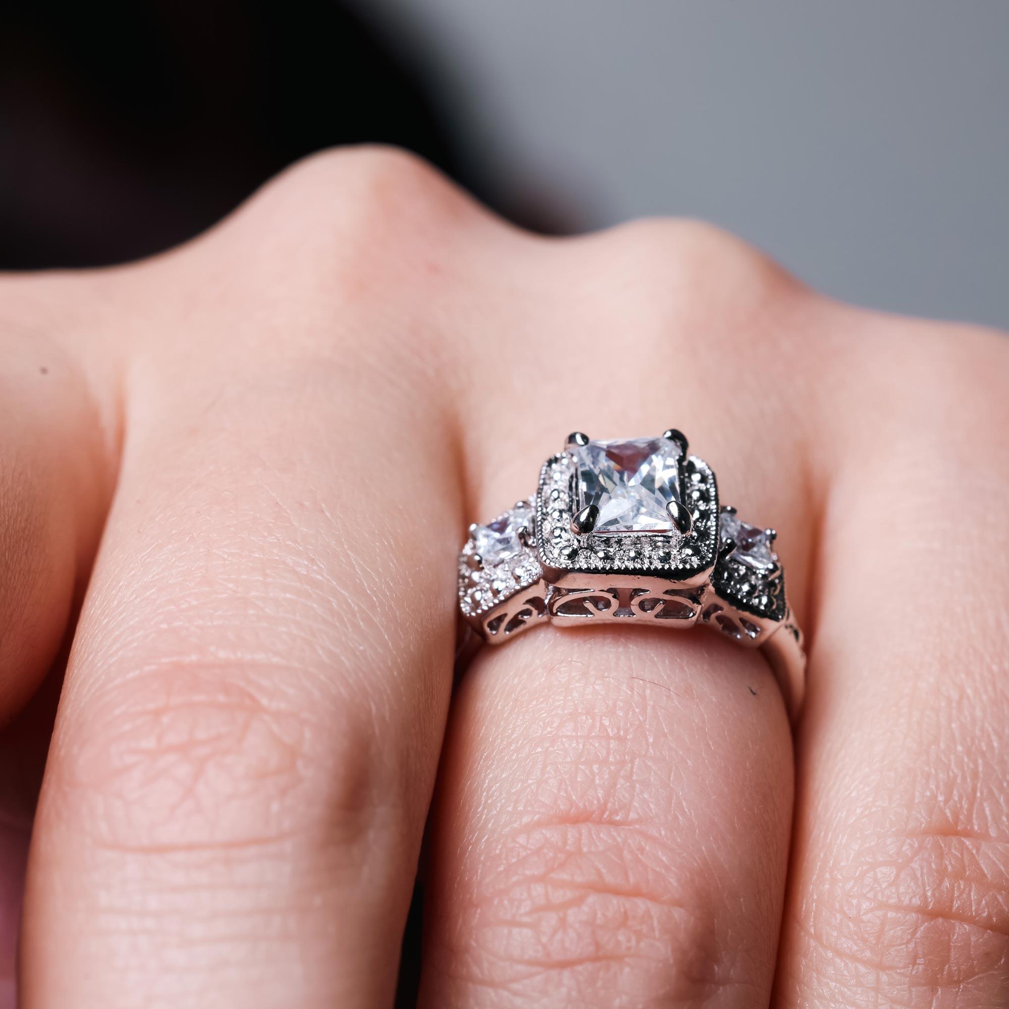 Rhodium Plated 925 Sterling Silver 3 Set Square Clear CZ Bridal Ring - BGR00552