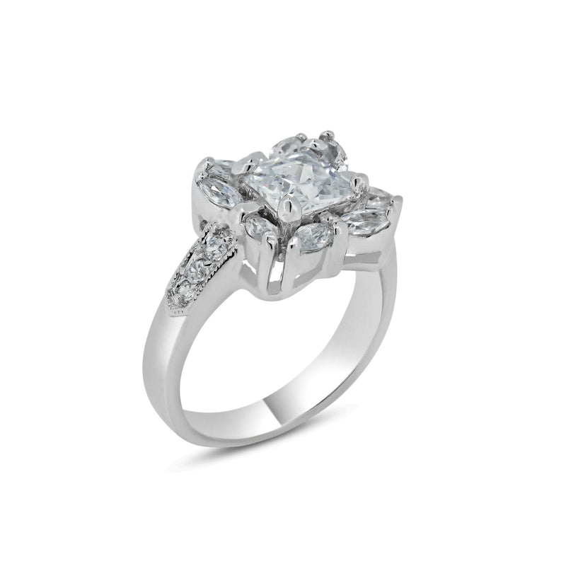Rhodium Plated 925 Sterling Silver Clear Center CZ Square Bridal Ring - BGR00559 | Silver Palace Inc.