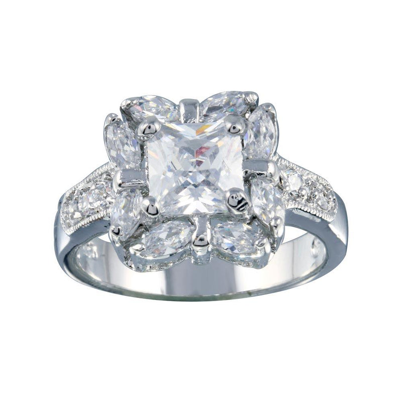 Rhodium Plated 925 Sterling Silver Clear Center CZ Square Bridal Ring - BGR00559