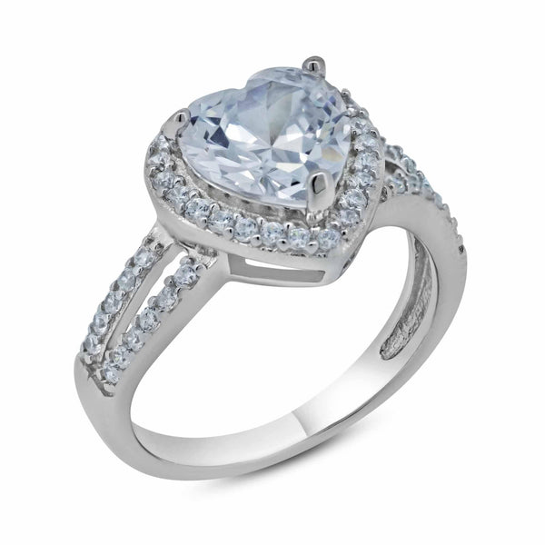 Silver 925 Rhodium Plated Clear CZ Heart Bridal Ring - BGR00570 | Silver Palace Inc.