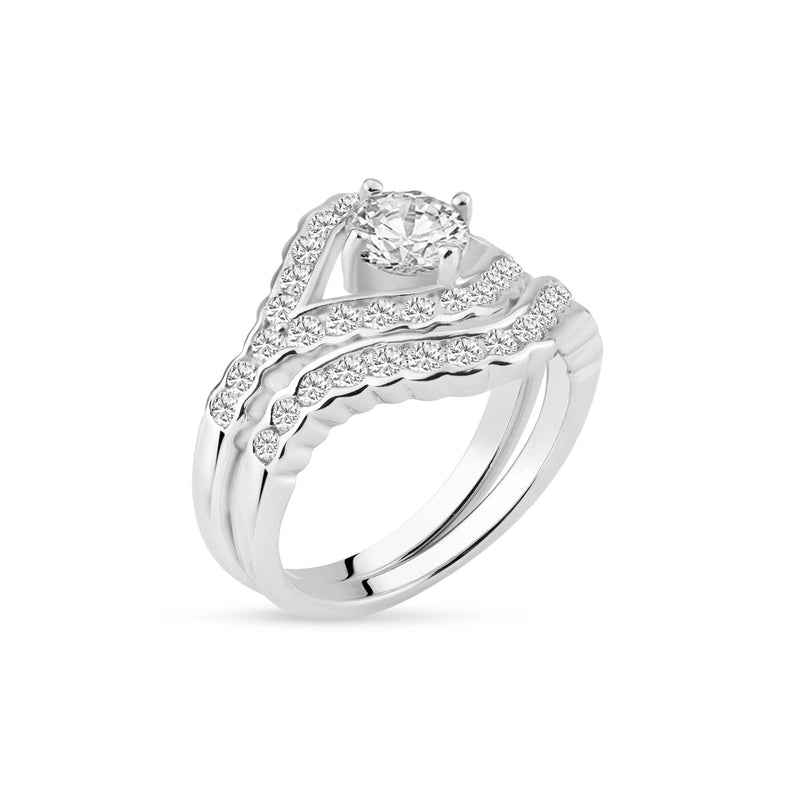 Silver 925 Rhodium Plated Clear Micro Pave Set CZ Estate Engagement Ring Set - BGR00713