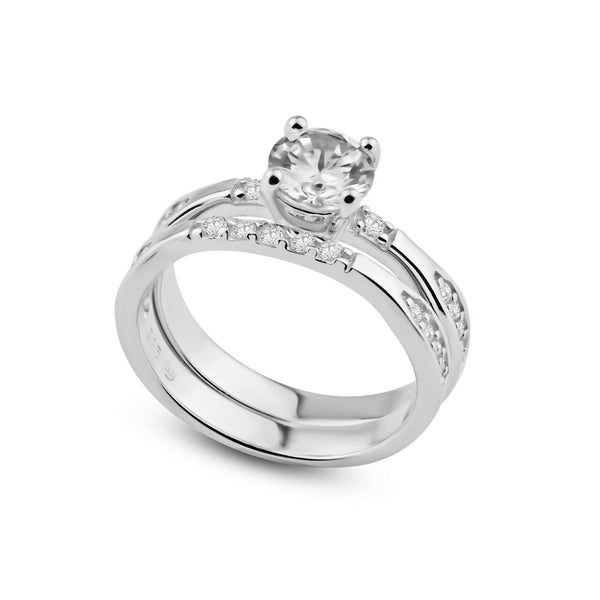 Silver 925 Rhodium Plated Clear Round Center CZ Engagement Ring Set - BGR00716 | Silver Palace Inc.