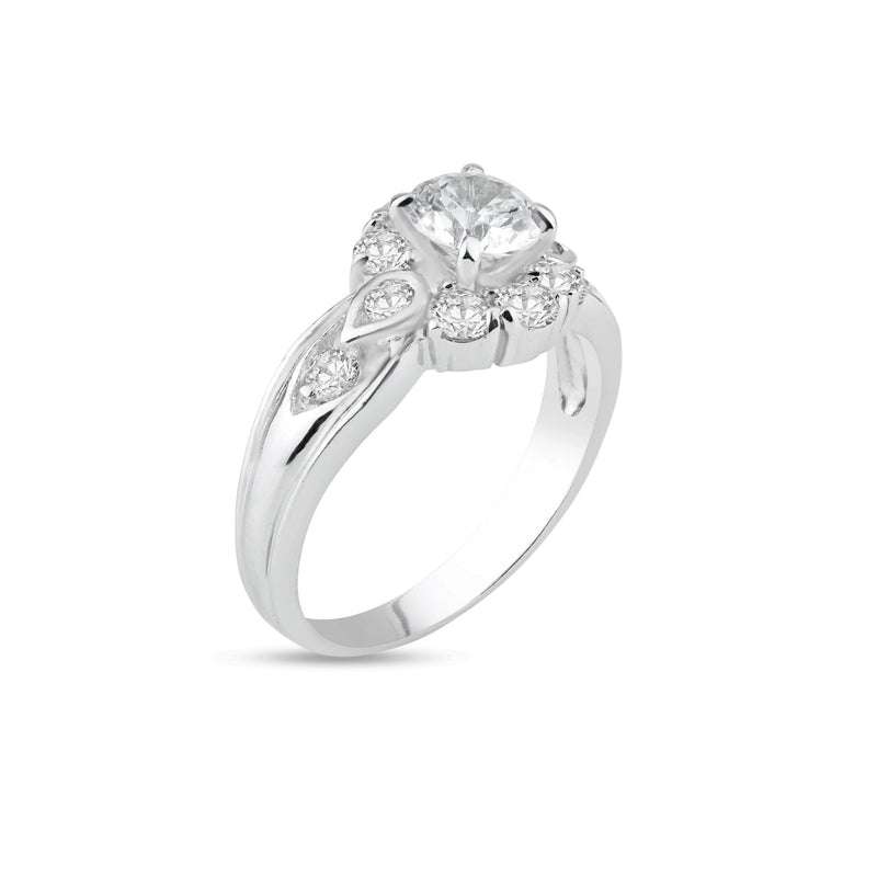 Silver 925 Rhodium Plated Clear Center and Cluster CZ Flower Ring - BGR00729