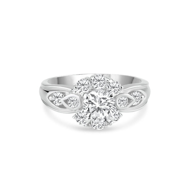 Silver 925 Rhodium Plated Clear Center and Cluster CZ Flower Ring - BGR00729 | Silver Palace Inc.