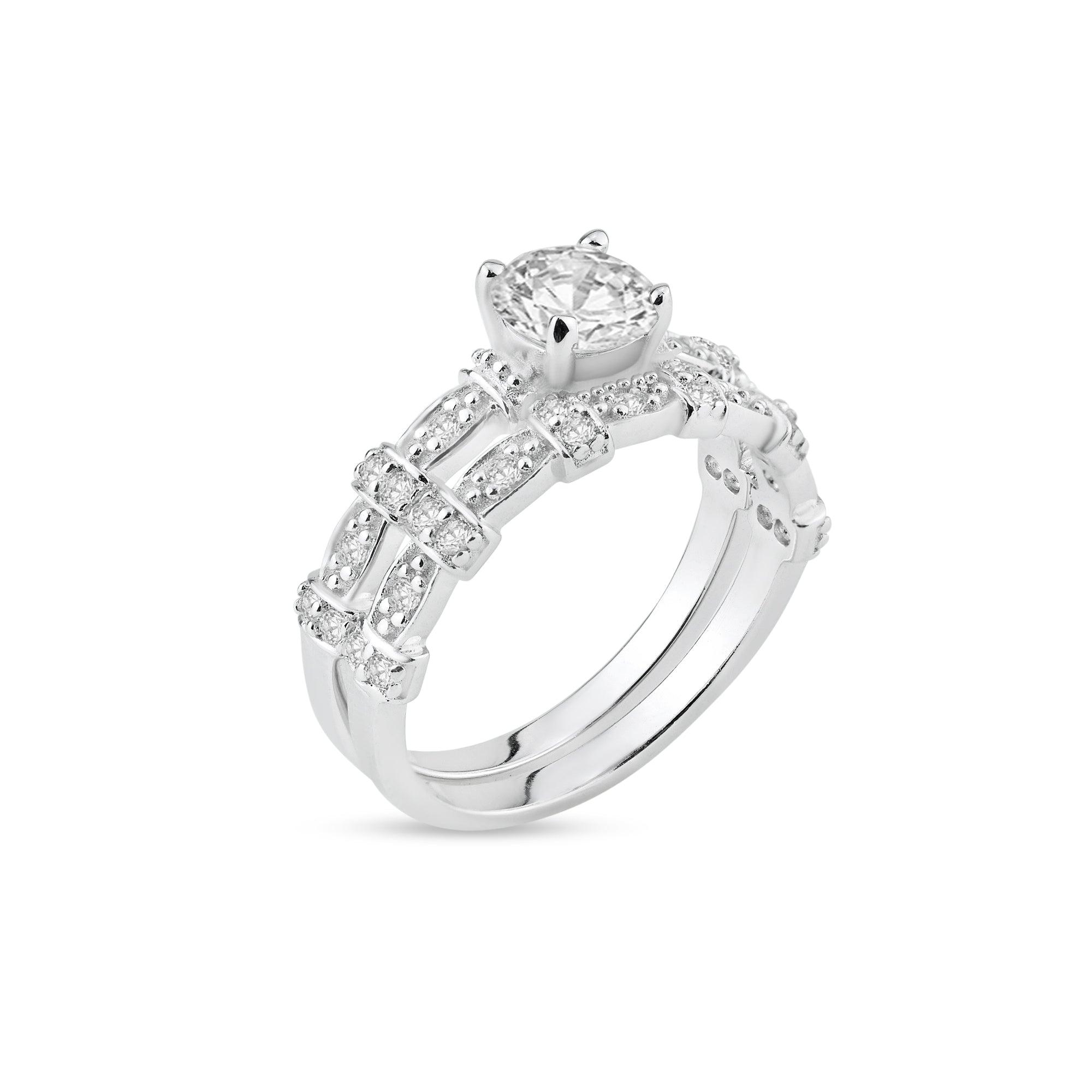 Silver 925 Rhodium Plated Clear Micro Pave Set and Round Center CZ Delicate Estate Ring Set - BGR00739