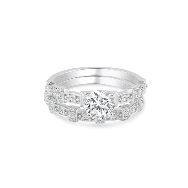 Silver 925 Rhodium Plated Clear Micro Pave Set and Round Center CZ Delicate Estate Ring Set - BGR00739 | Silver Palace Inc.