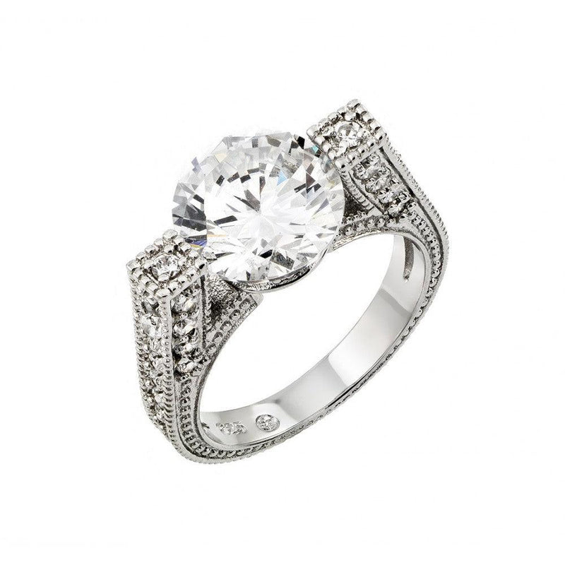 Silver 925 Rhodium Plated Clear Round Center and Pave Set CZ Ring - BGR00758 | Silver Palace Inc.