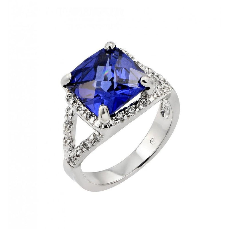 Silver 925 Rhodium Plated Blue Princess Cut Center and Clear CZ Ring - BGR00771 | Silver Palace Inc.