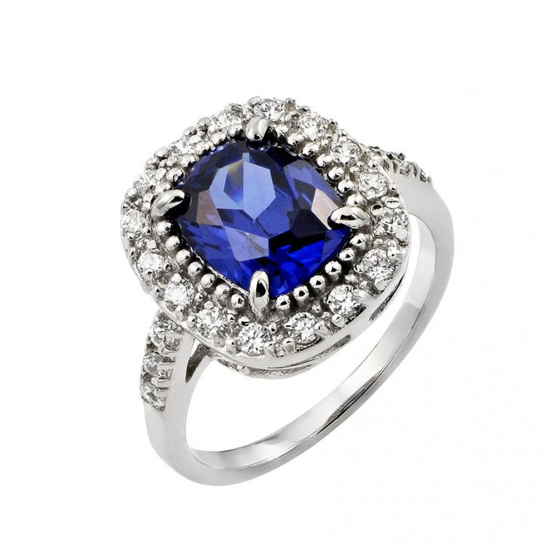 Silver 925 Rhodium Plated Blue Square Center and Clear Cluster CZ Ring - BGR00772 | Silver Palace Inc.