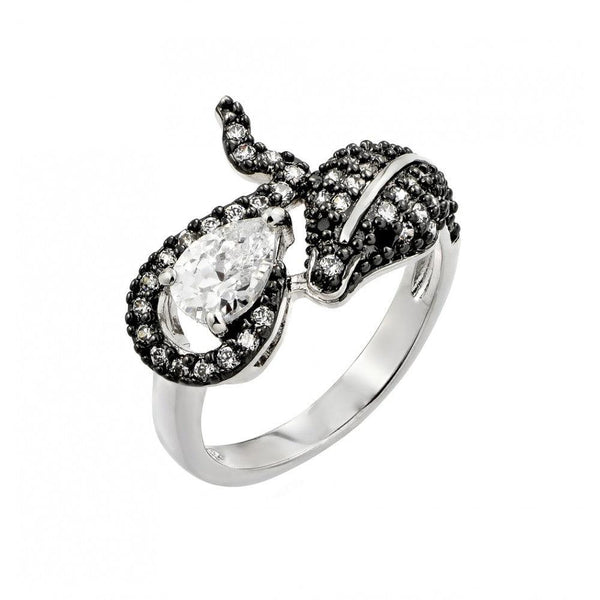 Silver 925 Rhodium and Black Rhodium Plated 2 Toned Clear and Black CZ Snake Ring - BGR00776 | Silver Palace Inc.