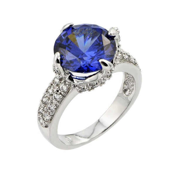 Silver 925 Rhodium Plated Round Blue Center and Clear Micro Pave Set CZ Bridal Ring - BGR00779 | Silver Palace Inc.