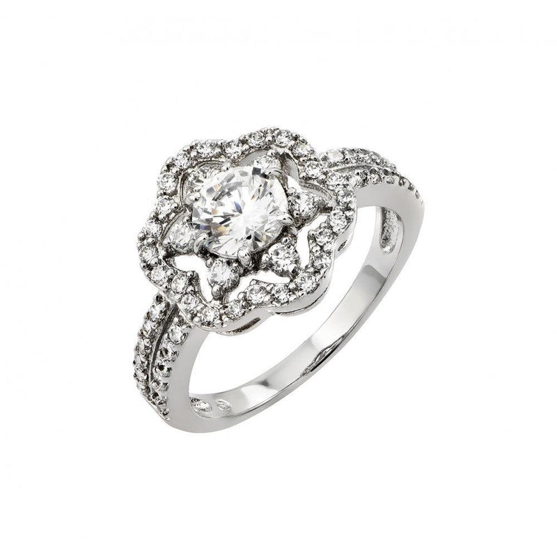 Silver 925 Rhodium Plated Clear Inlay CZ Flower Ring - BGR00791 | Silver Palace Inc.