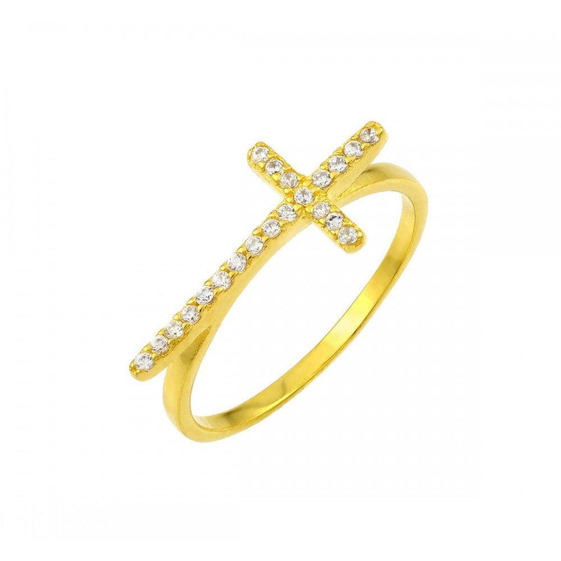 Silver 925 Gold Plated Clear CZ Cross Ring - BGR00810GP | Silver Palace Inc.