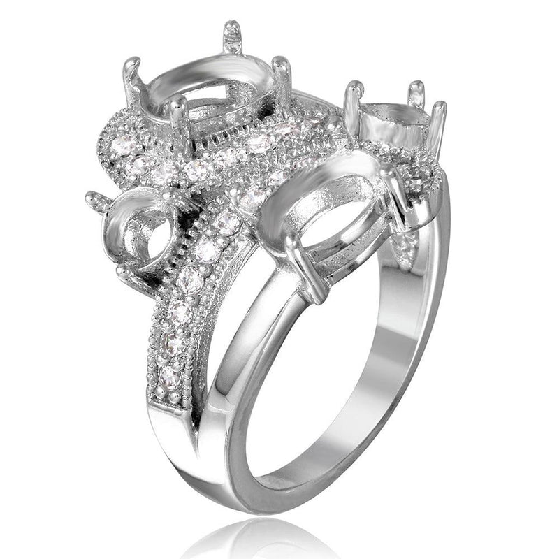 Silver 925 Rhodium Plated 4 Mounting Stones Wave Cz Design Ring - BGR00817