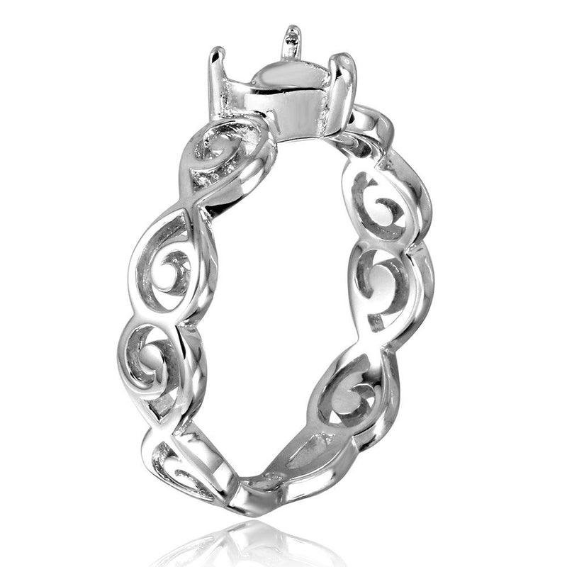 Silver 925 Rhodium Plated Wave Band Design Heart Center Mounting Ring - BGR00818