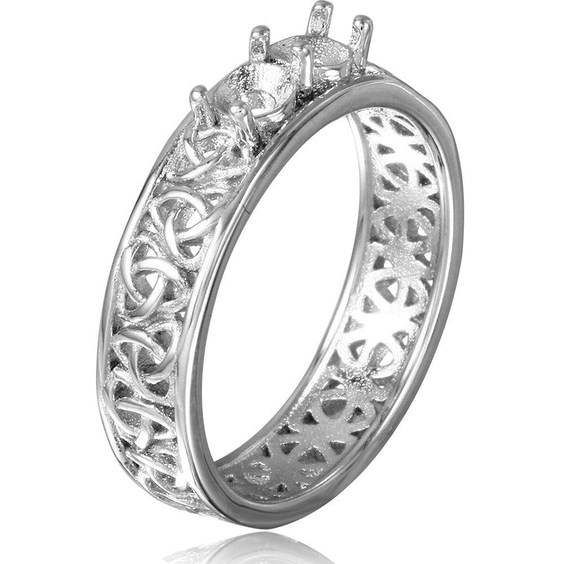 Silver 925 Rhodium Plated Celtic Designed Band 2 Stones Mounting Ring - BGR00828