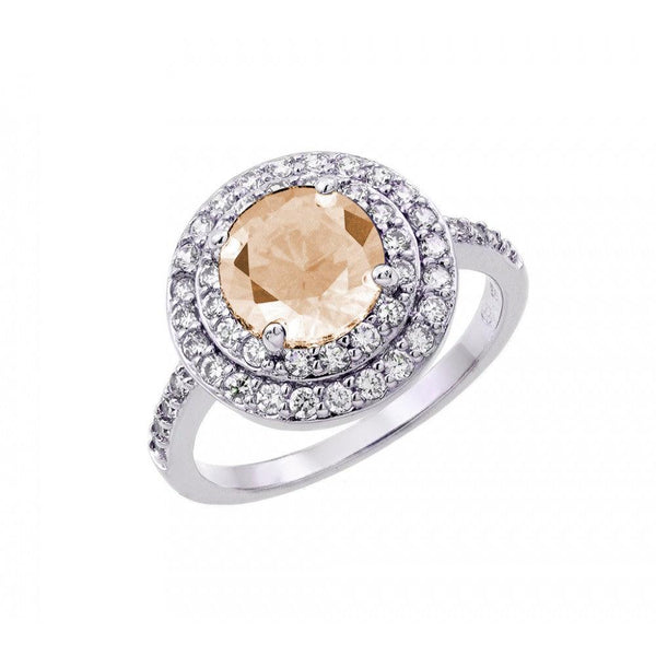 Silver 925 Rhodium Plated Champagne Center and Clear Cluster CZ Ring - BGR00886CHP | Silver Palace Inc.