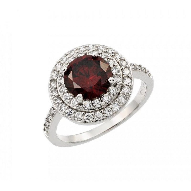 Silver 925 Rhodium Plated Red Center and Clear Cluster CZ Ring - BGR00886RED | Silver Palace Inc.