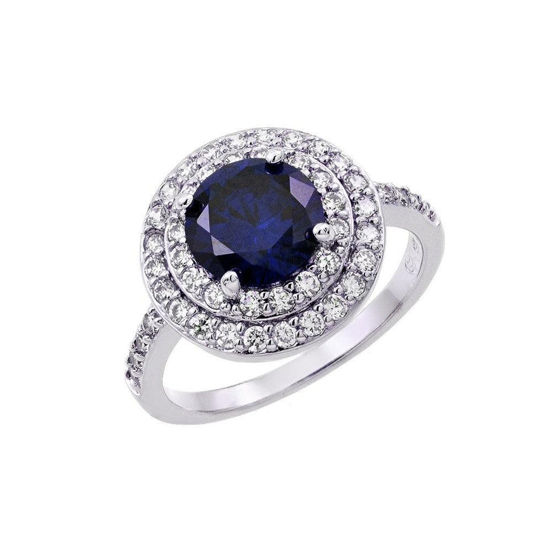 Silver 925 Rhodium Plated Blue Center and Clear Cluster CZ Ring - BGR00886TAN | Silver Palace Inc.