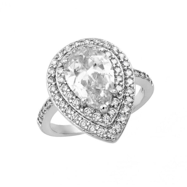 Silver 925 Rhodium Plated Clear Center and Cluster CZ Teardrop Ring - BGR00887CLR | Silver Palace Inc.