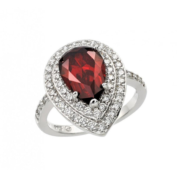 Silver 925 Rhodium Plated Red Center and Clear Cluster CZ Teardrop Ring - BGR00887RED | Silver Palace Inc.