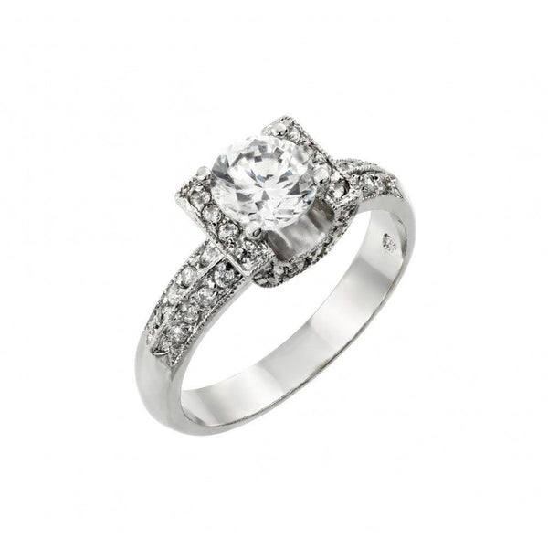 Silver 925 Rhodium Plated Clear Round Center and Pave Set CZ Square Ring - BGR00895 | Silver Palace Inc.