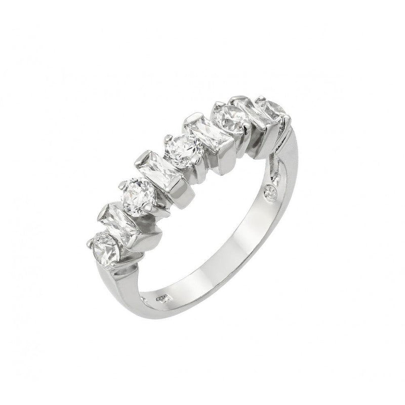 Silver 925 Rhodium Plated Clear Round and Baguette CZ Half Row Ring - BGR00900 | Silver Palace Inc.