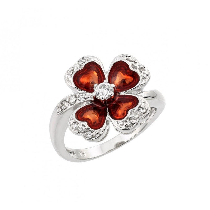 Silver 925 Rhodium Plated Clear CZ Red Clover Ring - BGR00909 | Silver Palace Inc.