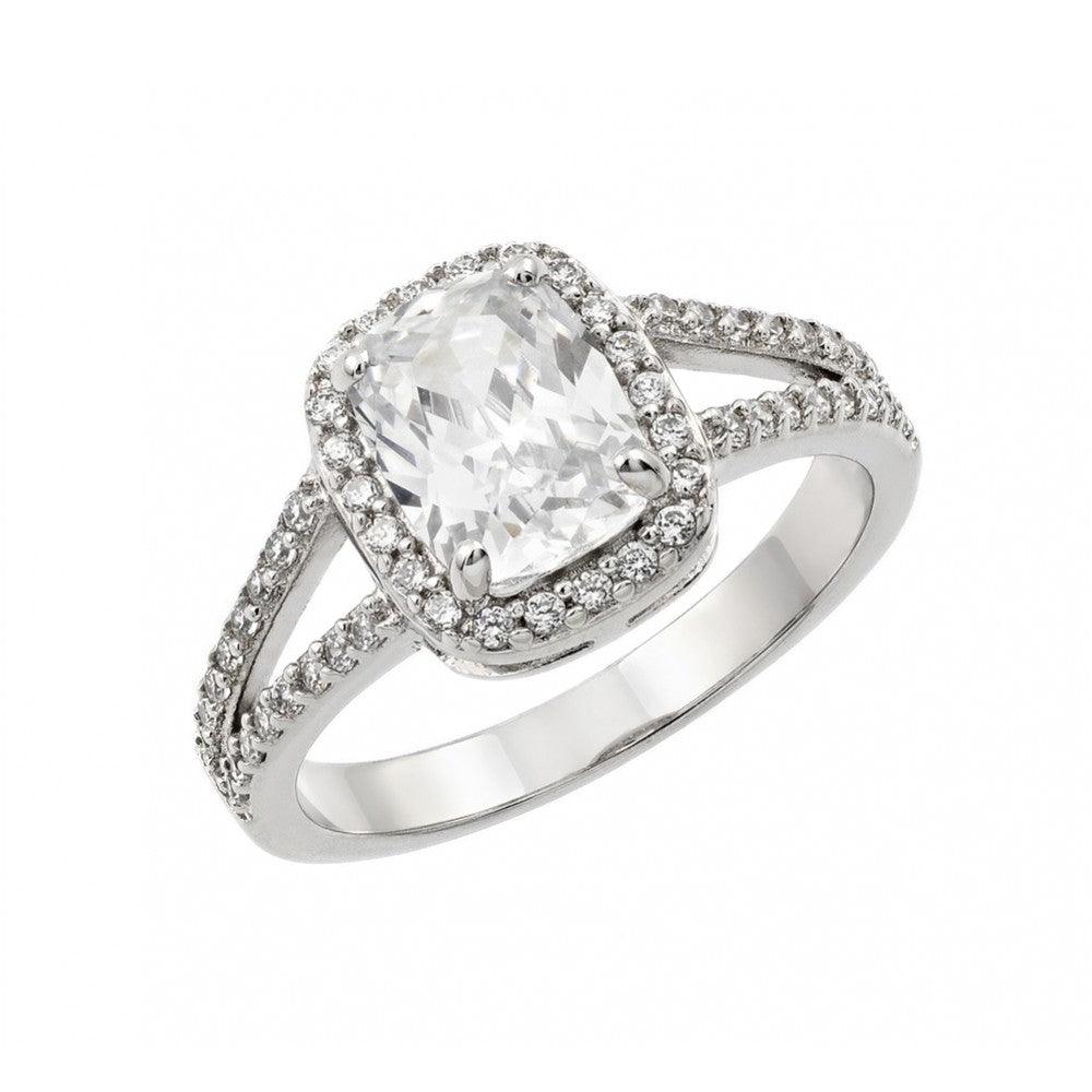 Silver 925 Rhodium Plated Clear Rectangular Center and Cluster CZ Bridal Engagement Ring - BGR00912 | Silver Palace Inc.