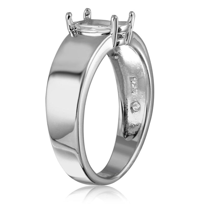 Silver 925 Rhodium Plated High Polished Band Single Stone Mounting Ring - BGR00935