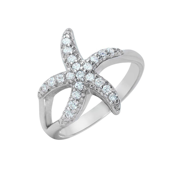 Silver 925 Rhodium Plated Clear Pave Set CZ Skinny Starfish Ring - BGR00949 | Silver Palace Inc.