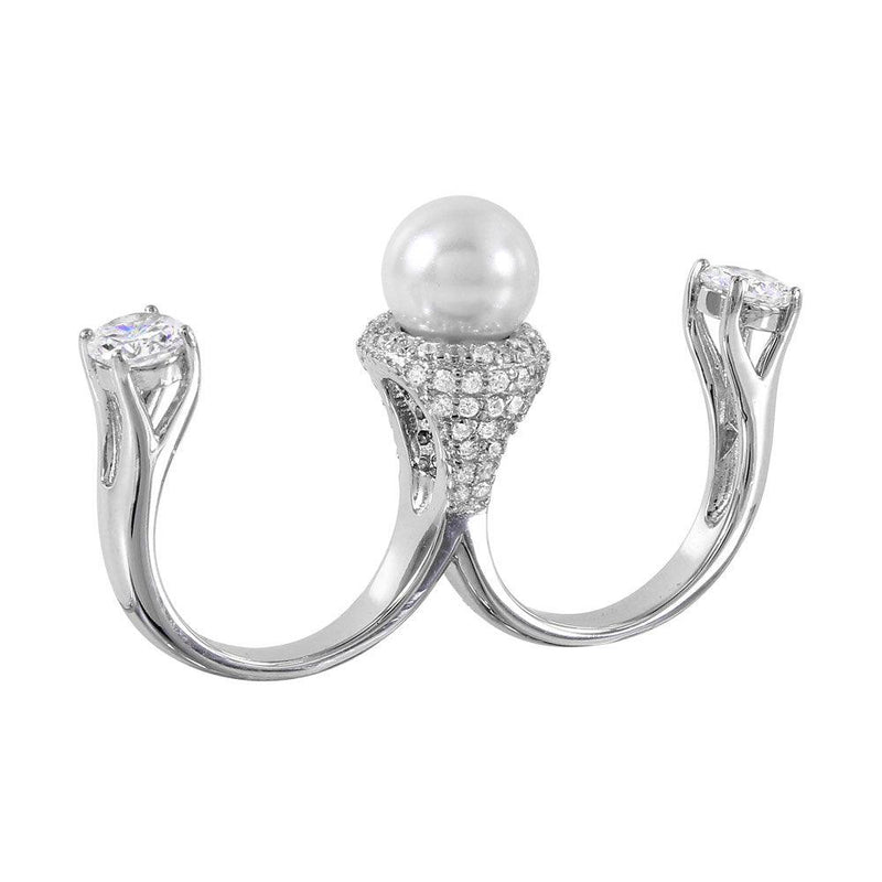 Silver 925 Rhodium Plated Pearl Two Finger Open Ring with CZ Accents - BGR00980 | Silver Palace Inc.