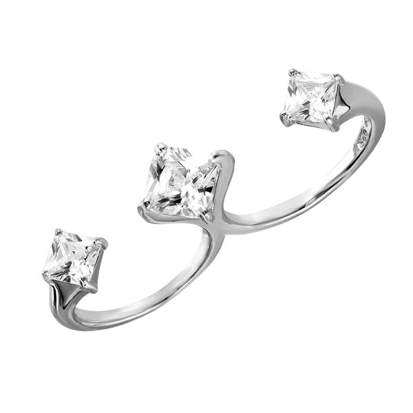 Silver 925 Rhodium Plated Two-Finger Open Ring with 3 CZ Accent Caps - BGR00984 | Silver Palace Inc.